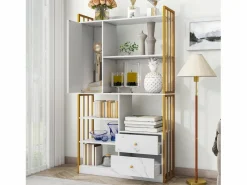 Merax Librería|Librería de 6 estantes con una puerta y 2 cajones - 100 x 30 x 173,5 - Tablero de partículas y metal - dorado +