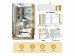 Merax Librería|Librería de 6 estantes con una puerta y 2 cajones - 100 x 30 x 173,5 - Tablero de partículas y metal - dorado +