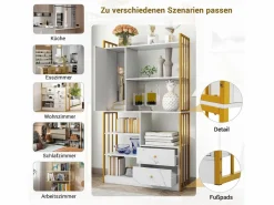 Merax Librería|Librería de 6 estantes con una puerta y 2 cajones - 100 x 30 x 173,5 - Tablero de partículas y metal - dorado +