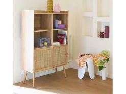 Librería de 5 estantes, puertas correderas, efecto madera y caña^Sweeek Sale