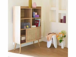 Librería de 5 estantes, puertas correderas, efecto madera y caña^Sweeek Sale