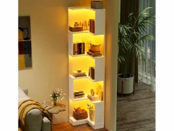 Merax Librería de esquina - 63,5 x 45 x 175 cm - con LED + 5 niveles de almacenaje - MDF - Blanco Discount