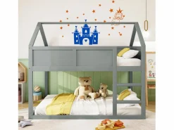 Cama Litera|Lit superposé 90x200cm, lit cabane enfant avec escalier et 1x sommier à lattes en haut, cadre en bois massif, bois