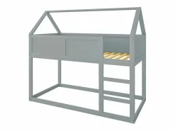 Cama Litera|Lit superposé 90x200cm, lit cabane enfant avec escalier et 1x sommier à lattes en haut, cadre en bois massif, bois
