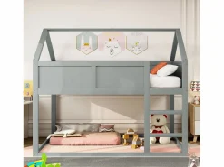 Cama Litera|Lit superposé 90x200cm, lit cabane enfant avec escalier et 1x sommier à lattes en haut, cadre en bois massif, bois