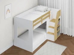 Vente-unique Litera 90 x 190 cm con almacenamiento en color blanco y natural - NAROJAS Color natural claro / Blanco Outlet