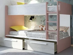 Litera 2 x 90 x 200 cm 2 cajón color rosa, blanco y natural - TINOLI^Vente-unique