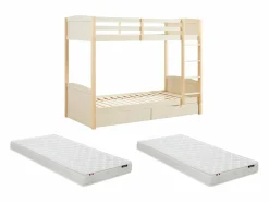 Litera 2 x 90 x 200 cm 2 cajones y natural + colchón - LIMODARA^Vente-unique Best