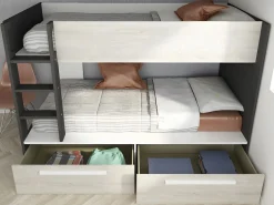 Vente-unique Cama Litera|Litera 2 x 90 x 200 cm 2 cajones antracita, blanco y natural - TINOLI