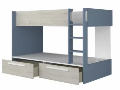 Vente-unique Cama Litera|Litera 2 x 90 x 200 cm 2 cajones azul, blanco y natural + colchón - TINOLI