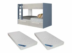 Vente-unique Cama Litera|Litera 2 x 90 x 200 cm 2 cajones azul, blanco y natural + colchón - TINOLI