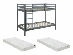 Vente-unique Litera 2 x 90 x 190 cm Pino macizo con colchón ANICET II Gris Clearance