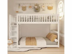 Litera baja 140x200 cm con almacenaje, barrera de seguridad alta, madera blanca (247x145x135,5cm) Blanco Online