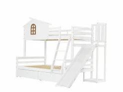 ModernLuxe Cama Litera|Litera cabina con tobogán + cajones - estructura de pino - 90x200cm + 120x200cm -