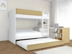 Vente-unique Litera con cama nido 3 x 90 x 190 cm 2 escritorios blanco y natural - DOMATI Color natural claro / Blanco