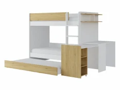 Vente-unique Litera con cama nido 3 x 90 x 190 cm 2 escritorios blanco y natural - DOMATI Color natural claro / Blanco