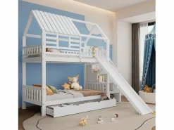 Litera con escalera y tobogán, casita con ventana, estructura de pino y MDF, color (254x213,5x223 cm)^ Outlet