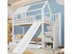 Litera con escalera y tobogán, casita con ventana, estructura de pino y MDF, color (254x213,5x223 cm)^ Outlet