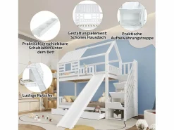 Litera con escalera y tobogán, casita con ventana, estructura de pino y MDF, color (254x213,5x223 cm)^ Outlet