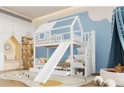 Litera con escalera y tobogán, casita con ventana, estructura de pino y MDF, color (254x213,5x223 cm)^ Outlet