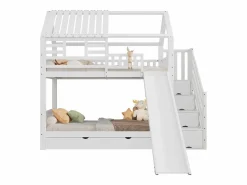 Litera con escalera y tobogán, casita con ventana, estructura de pino y MDF, color (254x213,5x223 cm)^ Outlet