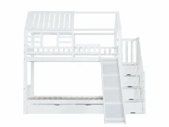 Litera con escalera y tobogán, casita con ventana, estructura de pino y MDF, color (254x213,5x223 cm)^ Outlet