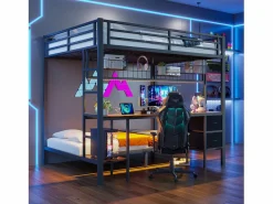Cama Litera|Litera con escritorio, cajones y estantes, estructura de metal, LED de 7 colores, USB, color blanco (204 x 145 x 180 cm)