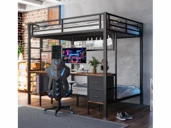 Cama Litera|Litera con escritorio, cajones y estantes, estructura de metal, LED de 7 colores, USB, color blanco (204 x 145 x 180 cm)