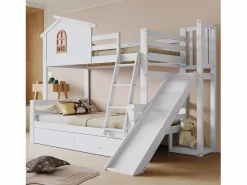 Litera con ventanas decorativas, escalera inclinada de 4 peldaños y tobogán, estructura de madera maciza, con cajones, color (247 x 163,5 x 189 cm) Blanco Hot