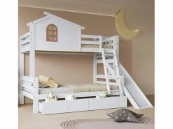 Litera con ventanas decorativas, escalera inclinada de 4 peldaños y tobogán, estructura de madera maciza, con cajones, color (247 x 163,5 x 189 cm) Blanco Hot