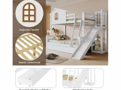 Litera con ventanas decorativas, escalera inclinada de 4 peldaños y tobogán, estructura de madera maciza, con cajones, color (247 x 163,5 x 189 cm) Blanco Hot