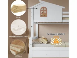 Litera con ventanas decorativas, escalera inclinada de 4 peldaños y tobogán, estructura de madera maciza, con cajones, color (247 x 163,5 x 189 cm) Blanco Hot