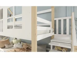 ModernLuxe Cama Litera|Cama Infantil|Litera de madera de pino y MDF - con escalera de almacenaje - 90x200 cm - Blanco y Natural