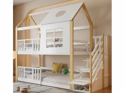 ModernLuxe Cama Litera|Cama Infantil|Litera de madera de pino y MDF - con escalera de almacenaje - 90x200 cm - Blanco y Natural