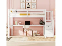 Litera de 90x200 cm + 140x200 cm con barandilla, cajones y escritorio bajo la cama, diseño moderno, pino, (255x237,5x150 cm)^ Sale