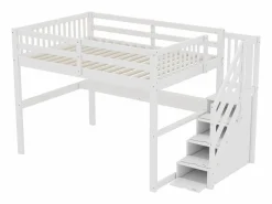 Litera de 90x200 cm + 140x200 cm con barandilla, cajones y escritorio bajo la cama, diseño moderno, pino, (255x237,5x150 cm)^ Sale