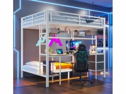 Hauss Spole Cama Litera|Litera de 90x200 cm y 140x200 cm con 2 cajones, escritorio, LED y puertos USB, blanca