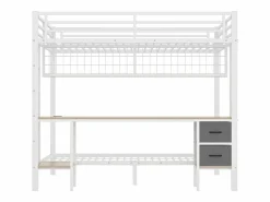 Hauss Spole Cama Litera|Litera de 90x200 cm y 140x200 cm con 2 cajones, escritorio, LED y puertos USB, blanca