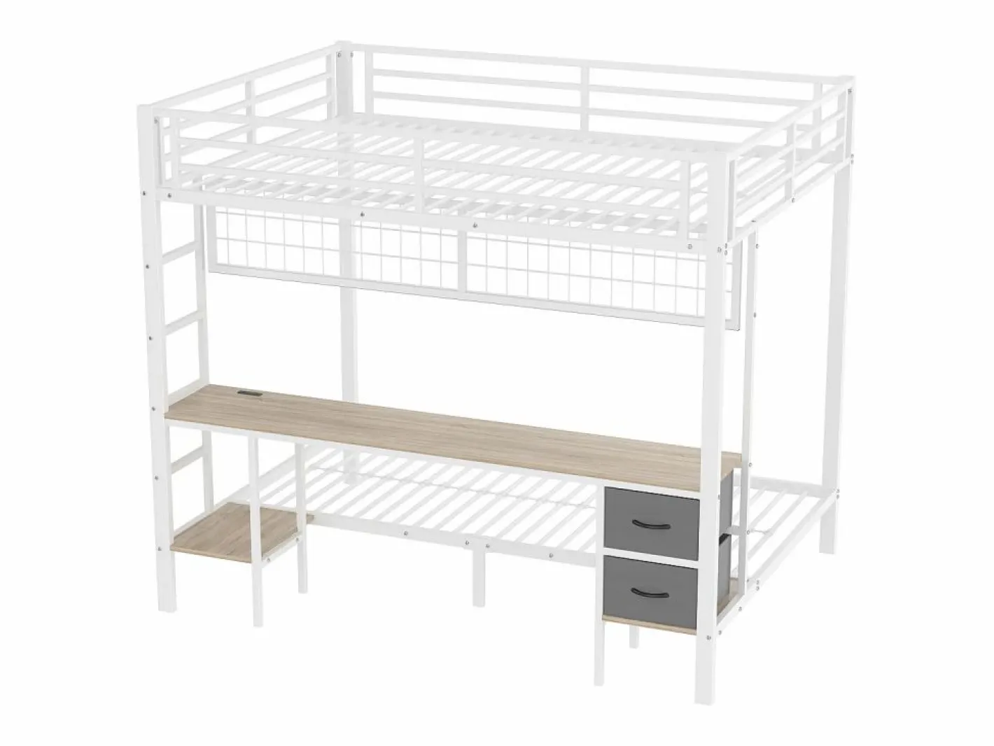 Hauss Spole Cama Litera|Litera de 90x200 cm y 140x200 cm con 2 cajones, escritorio, LED y puertos USB, blanca