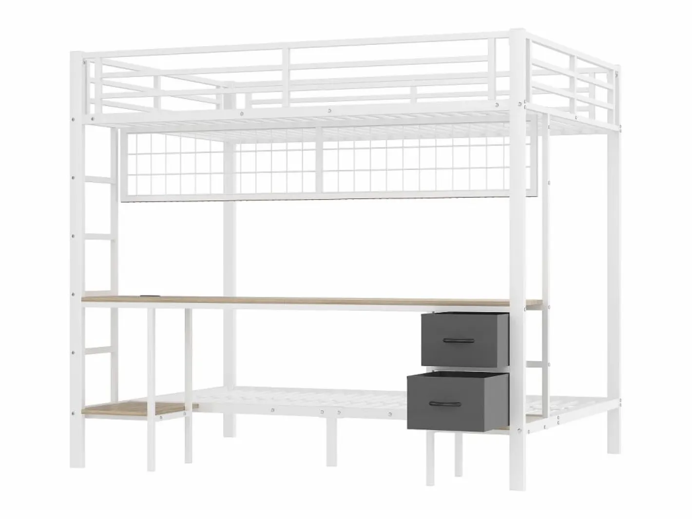 Hauss Spole Cama Litera|Litera de 90x200 cm y 140x200 cm con 2 cajones, escritorio, LED y puertos USB, blanca