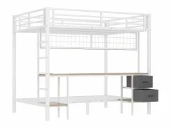 Hauss Spole Cama Litera|Litera de 90x200 cm y 140x200 cm con 2 cajones, escritorio, LED y puertos USB, blanca