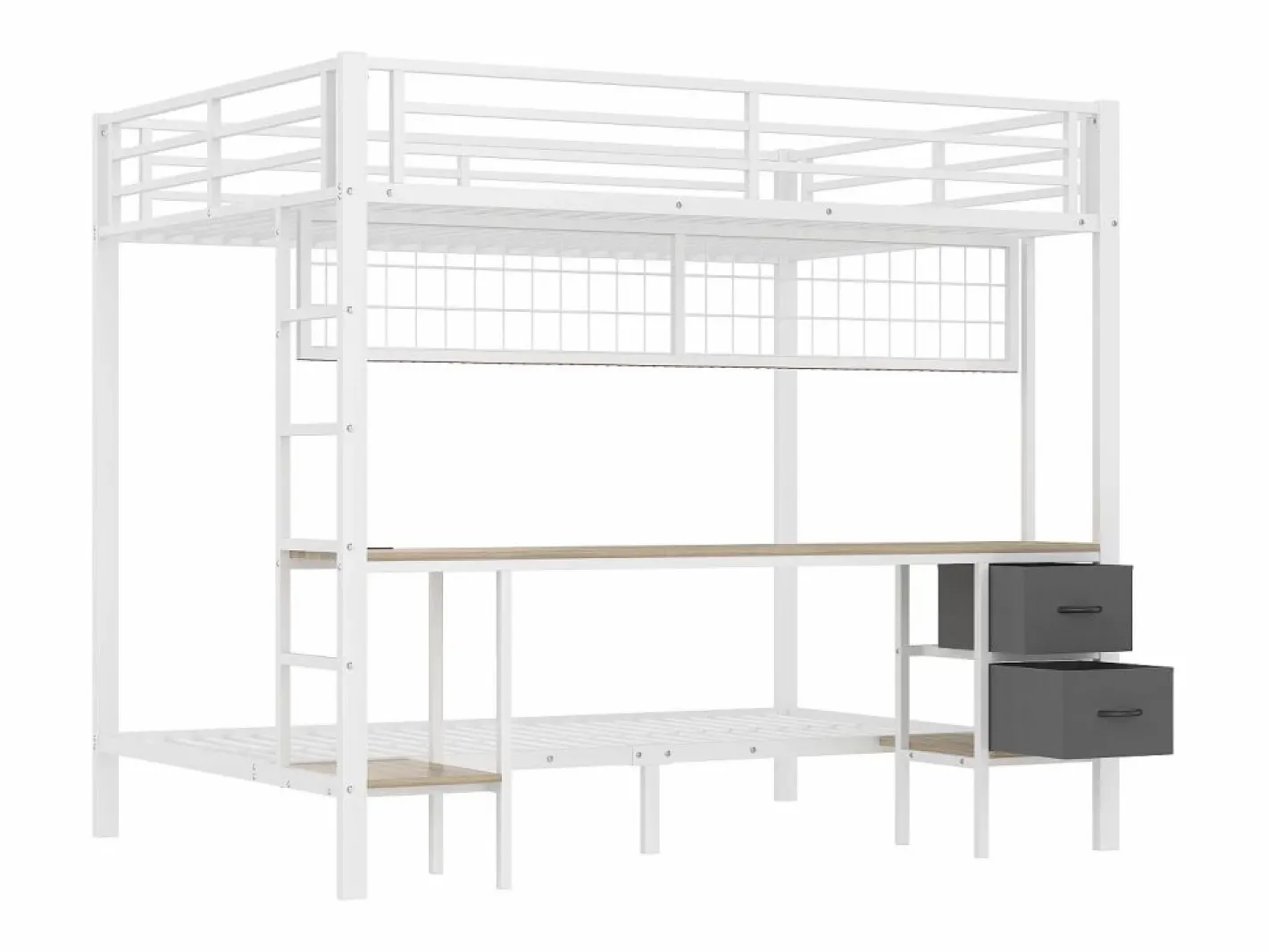 Hauss Spole Cama Litera|Litera de 90x200 cm y 140x200 cm con 2 cajones, escritorio, LED y puertos USB, blanca