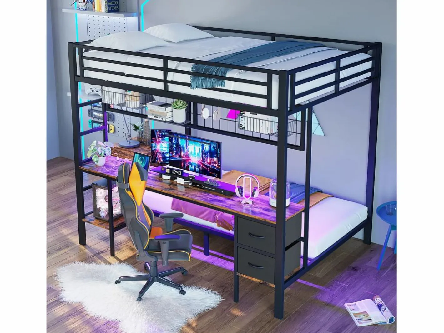 Litera de 90x200 cm y 140x200 cm con 2 cajones, escritorio, LED y puertos USB, negra^Hauss Spole Best