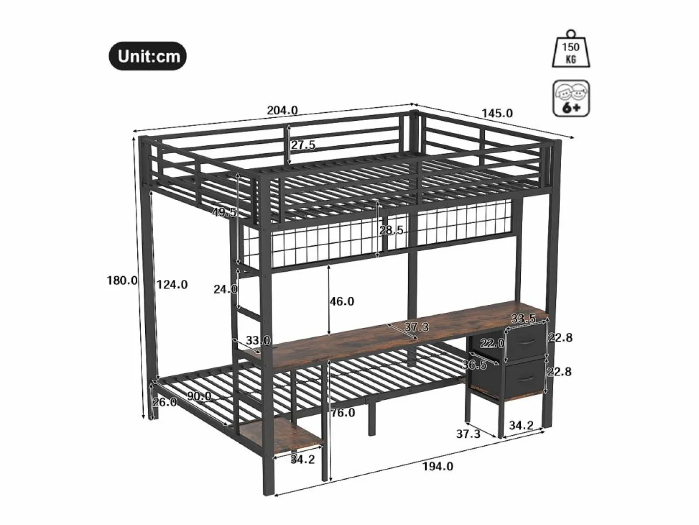 Litera de 90x200 cm y 140x200 cm con 2 cajones, escritorio, LED y puertos USB, negra^Hauss Spole Best