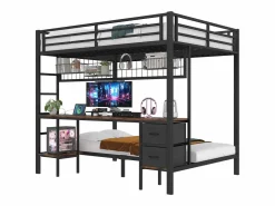 Litera de 90x200 cm y 140x200 cm con 2 cajones, escritorio, LED y puertos USB, negra^Hauss Spole Best