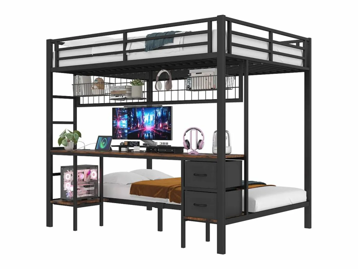 Litera de 90x200 cm y 140x200 cm con 2 cajones, escritorio, LED y puertos USB, negra^Hauss Spole Best