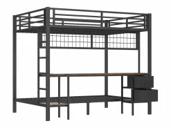 Litera de 90x200 cm y 140x200 cm con 2 cajones, escritorio, LED y puertos USB, negra^Hauss Spole Best