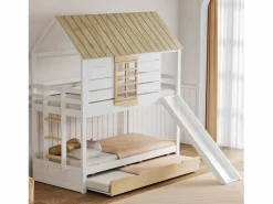 Litera en forma de casa - 2 x 90 x 200 cm - con tobogán + cama nido 90 x 190 cm - MDF + madera - y natural^Merax Sale