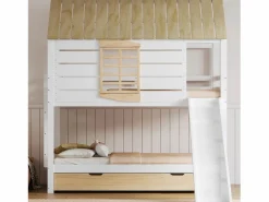 Litera en forma de casa - 2 x 90 x 200 cm - con tobogán + cama nido 90 x 190 cm - MDF + madera - y natural^Merax Sale