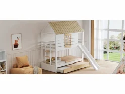Litera en forma de casa - 2 x 90 x 200 cm - con tobogán + cama nido 90 x 190 cm - MDF + madera - y natural^Merax Sale